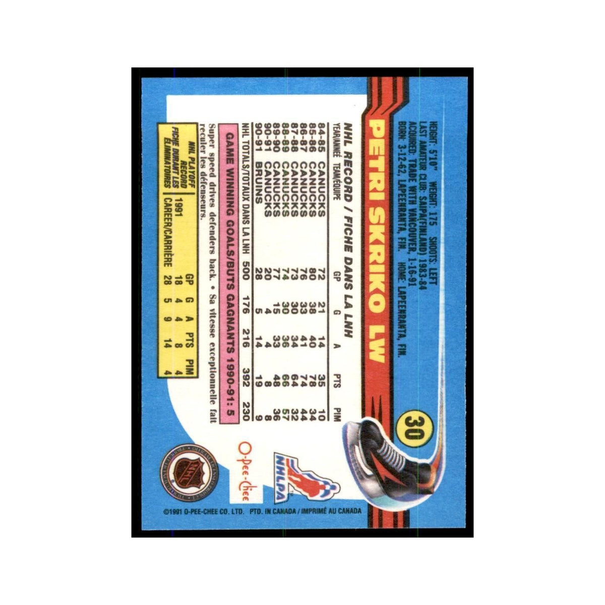 Petri Skriko 1991 O-Pee-Chee #30 Boston Bruins Hockey Card NM