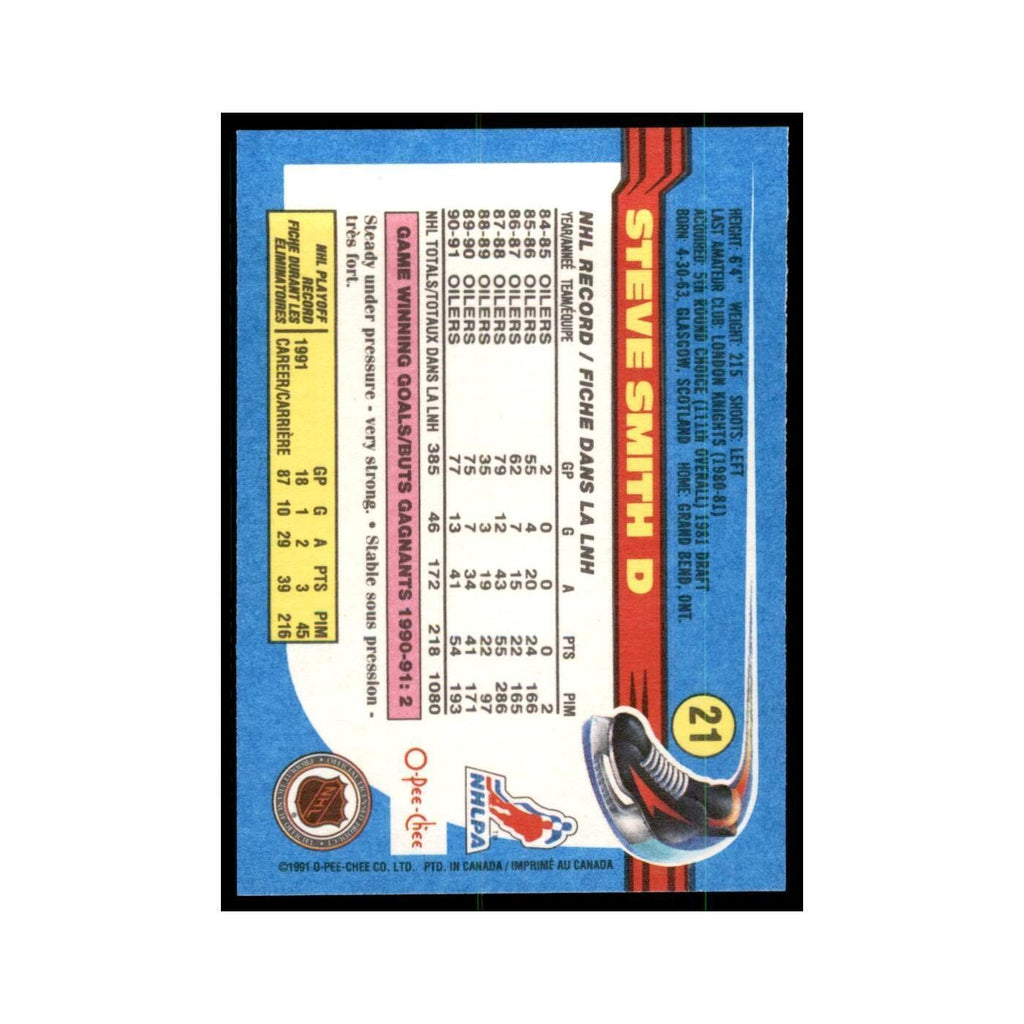 Steve Smith 1991 O-Pee-Chee #21 Edmonton Oilers Hockey Card NM