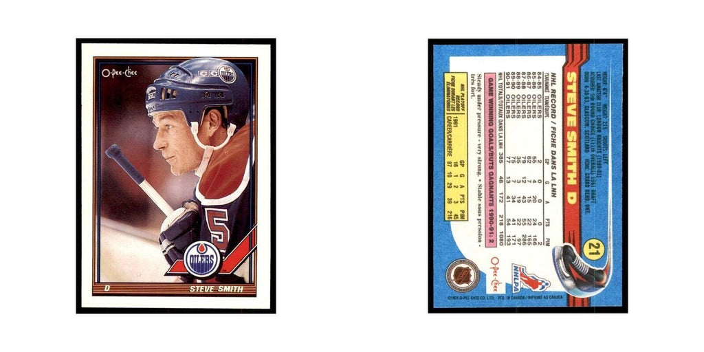 Steve Smith 1991 O-Pee-Chee #21 Edmonton Oilers Hockey Card NM