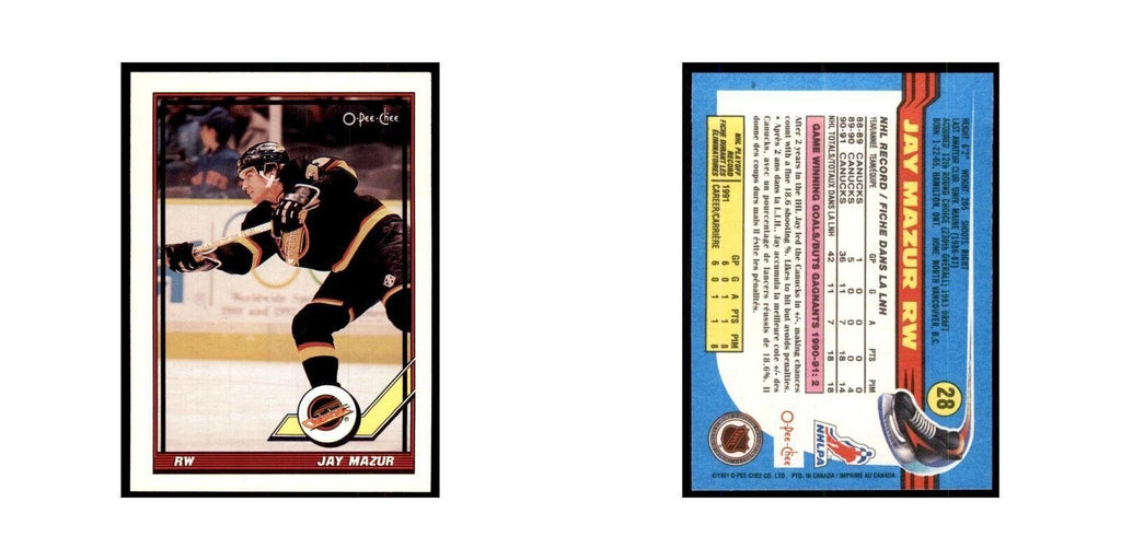 Jay Mazur Rookie 1991 O-Pee-Chee #28 Vancouver Canucks Hockey Card NM