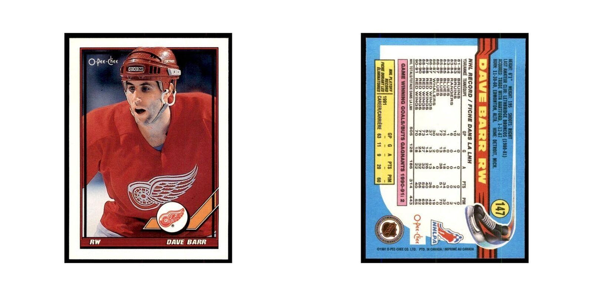 Dave Barr 1991 O-Pee-Chee #147 Detroit Red Wings Hockey Card NM
