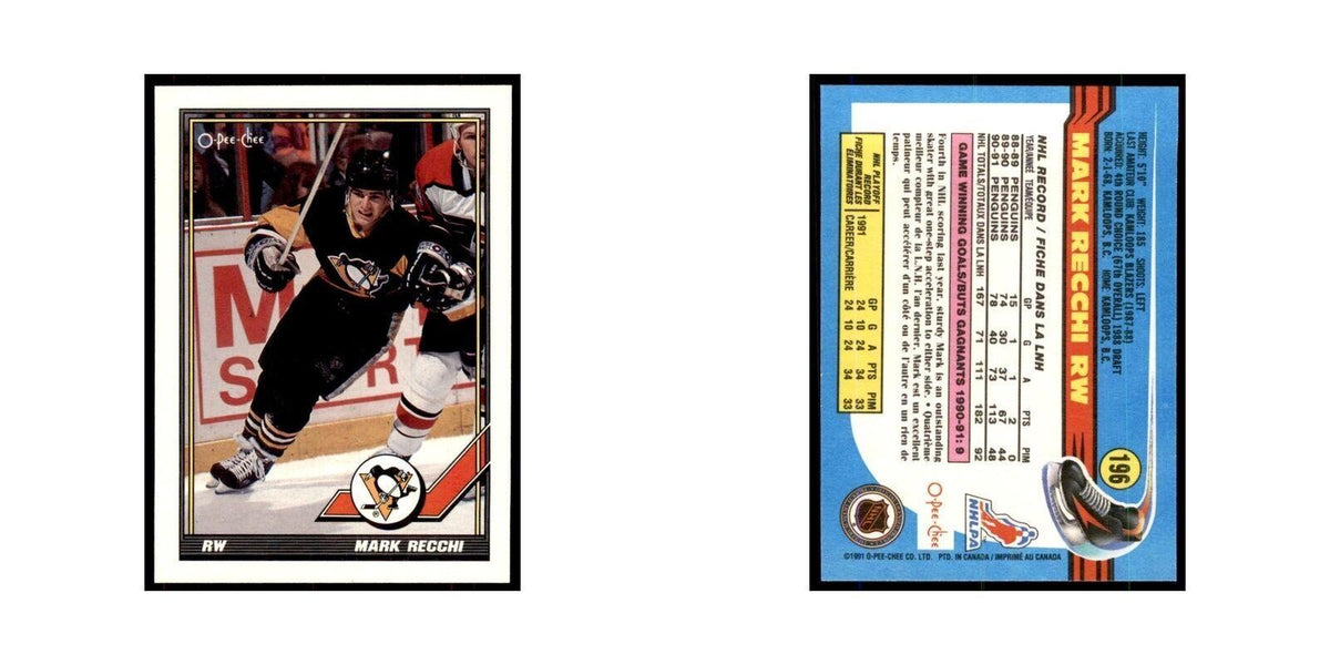 Mark Recchi 1991 O-Pee-Chee #196 Pittsburgh Penguins Hockey Card NM