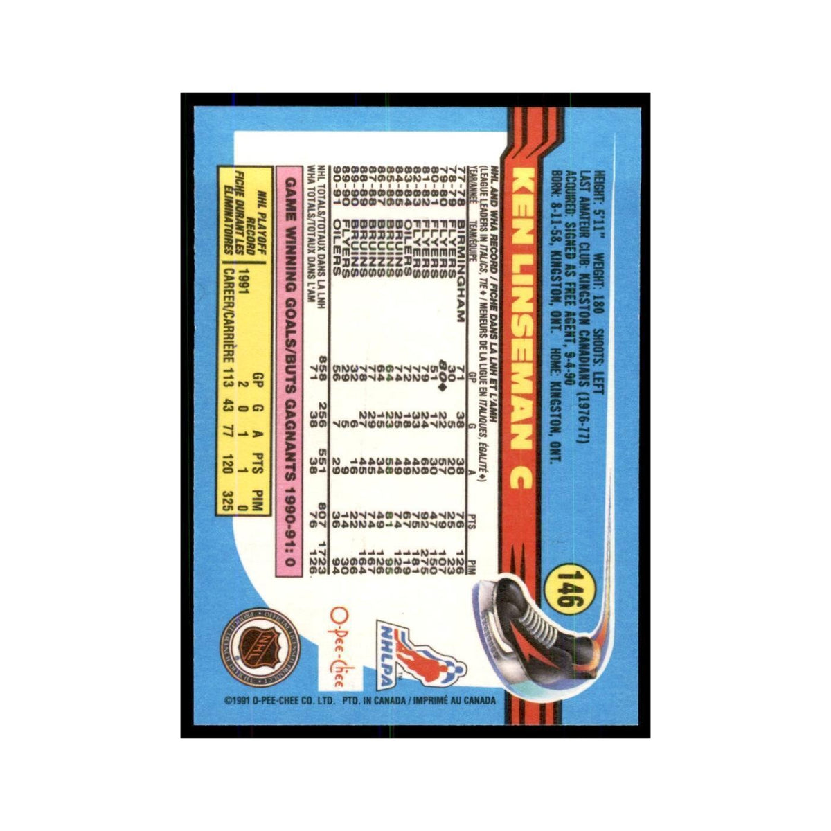 Ken Linseman 1991 O-Pee-Chee #146 Edmonton Oilers Hockey Card NM