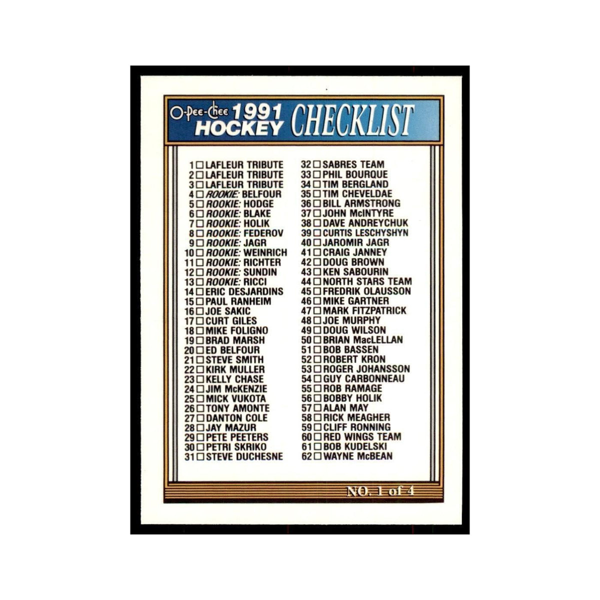 Checklist 1 1991 O-Pee-Chee #132 Hockey Card NM