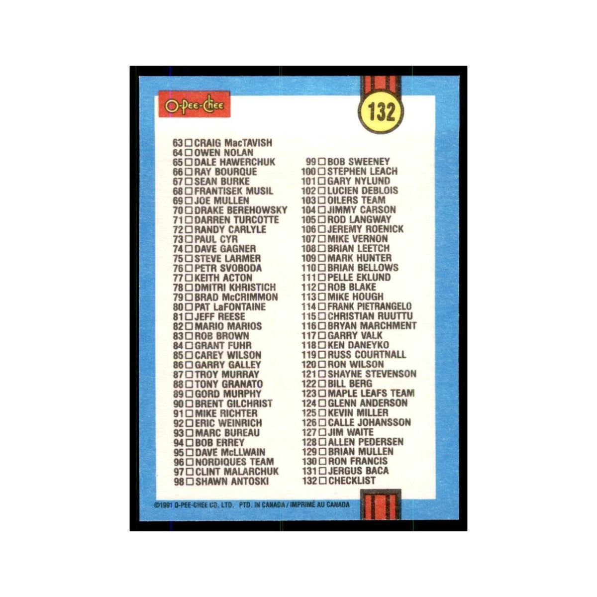 Checklist 1 1991 O-Pee-Chee #132 Hockey Card NM