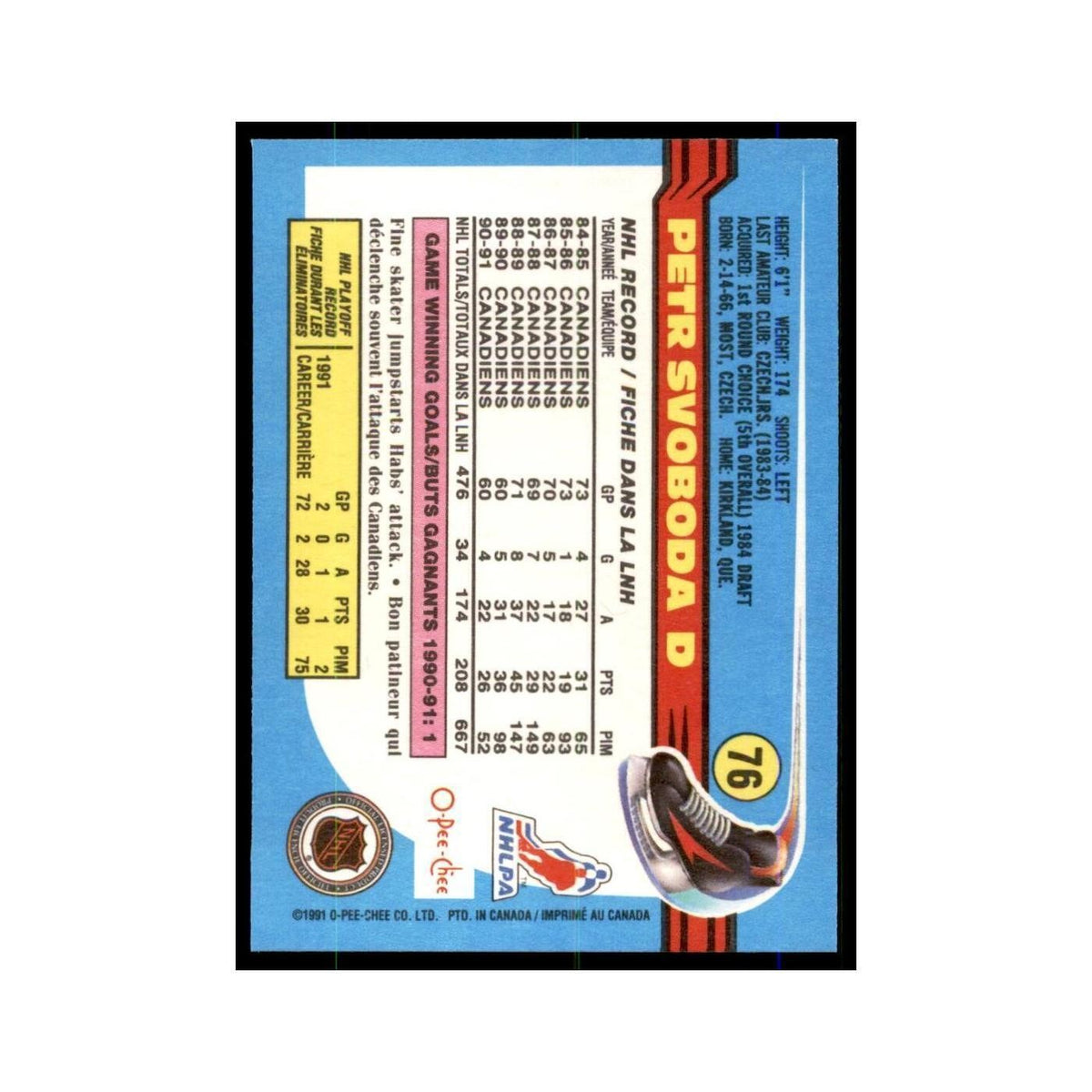 Petr Svoboda 1991 O-Pee-Chee #76 Montreal Canadiens Hockey Card NM