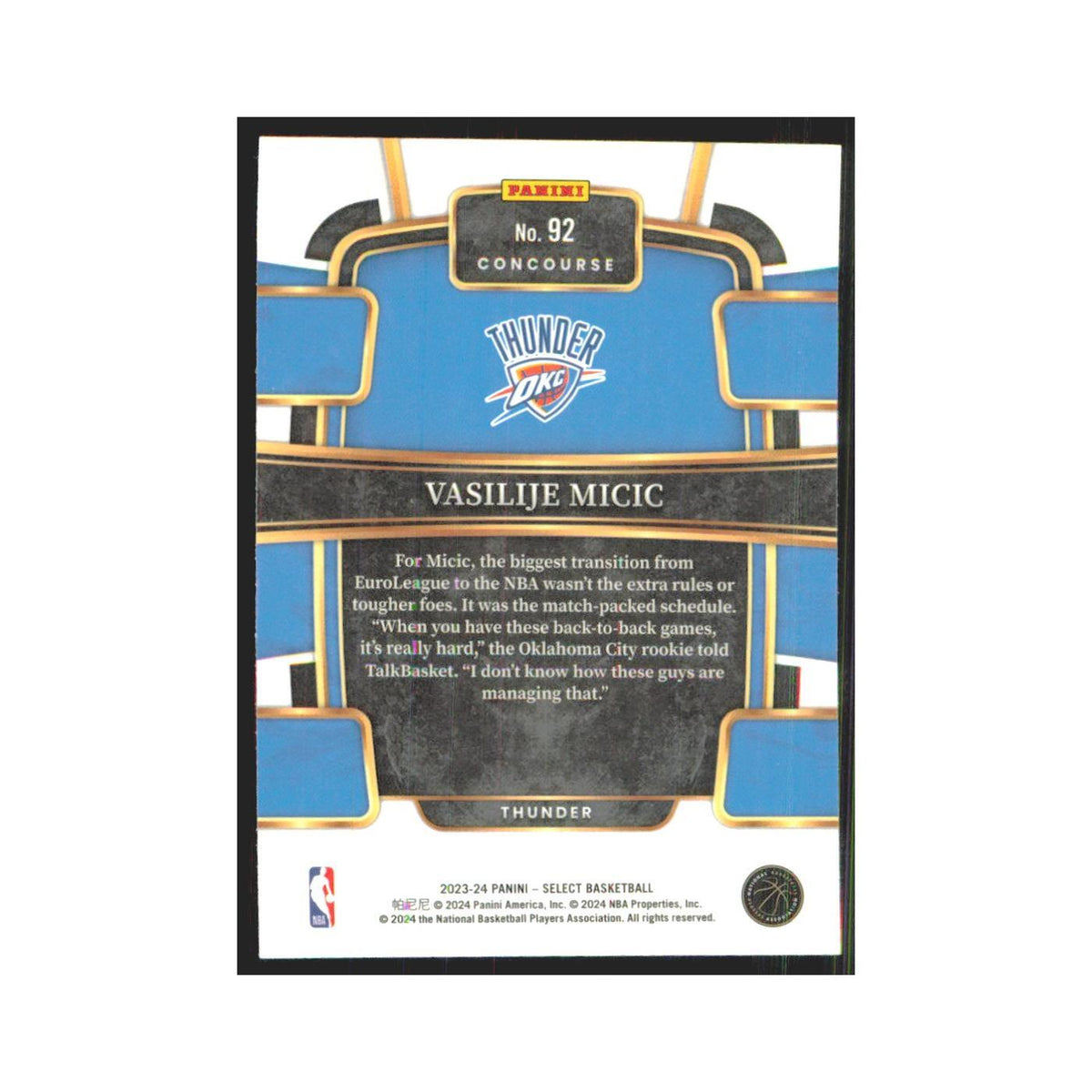 Vasilije Micic 2023 Panini Select #92 Oklahoma City Thunder Basketball Card NM