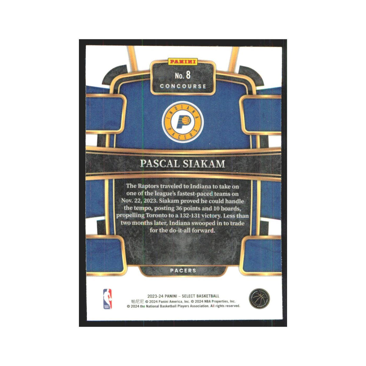 Pascal Siakam 2023 Panini Select #8 Indiana Pacers Basketball Card NM