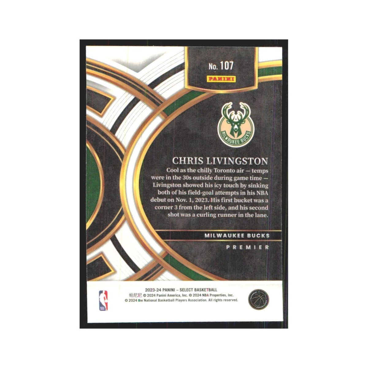 Chris Livingston 2023 Panini Select #107 Milwaukee Bucks Basketball Card NM