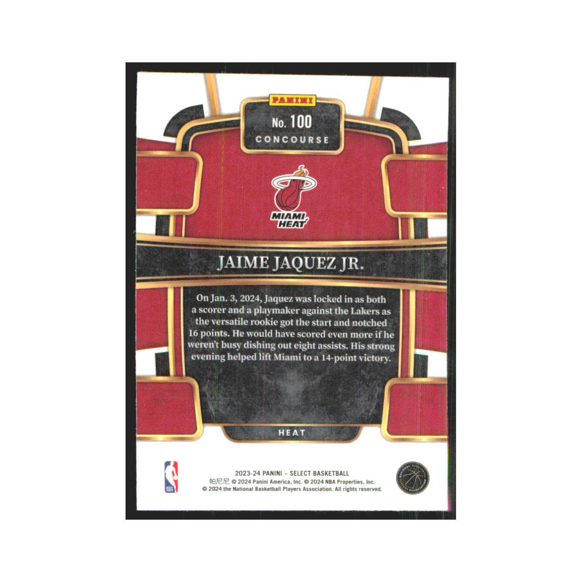 Jaime Jaquez Jr. 2023 Panini Select #100 Miami Heat Basketball Card NM