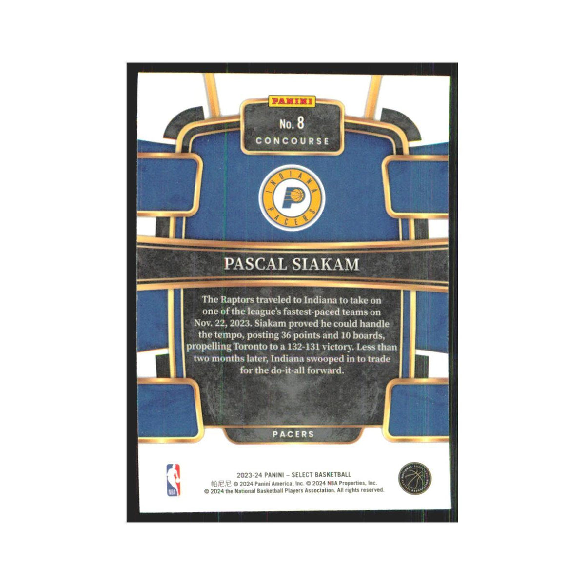 Pascal Siakam 2023 Panini Select #8 Indiana Pacers Basketball Card NM