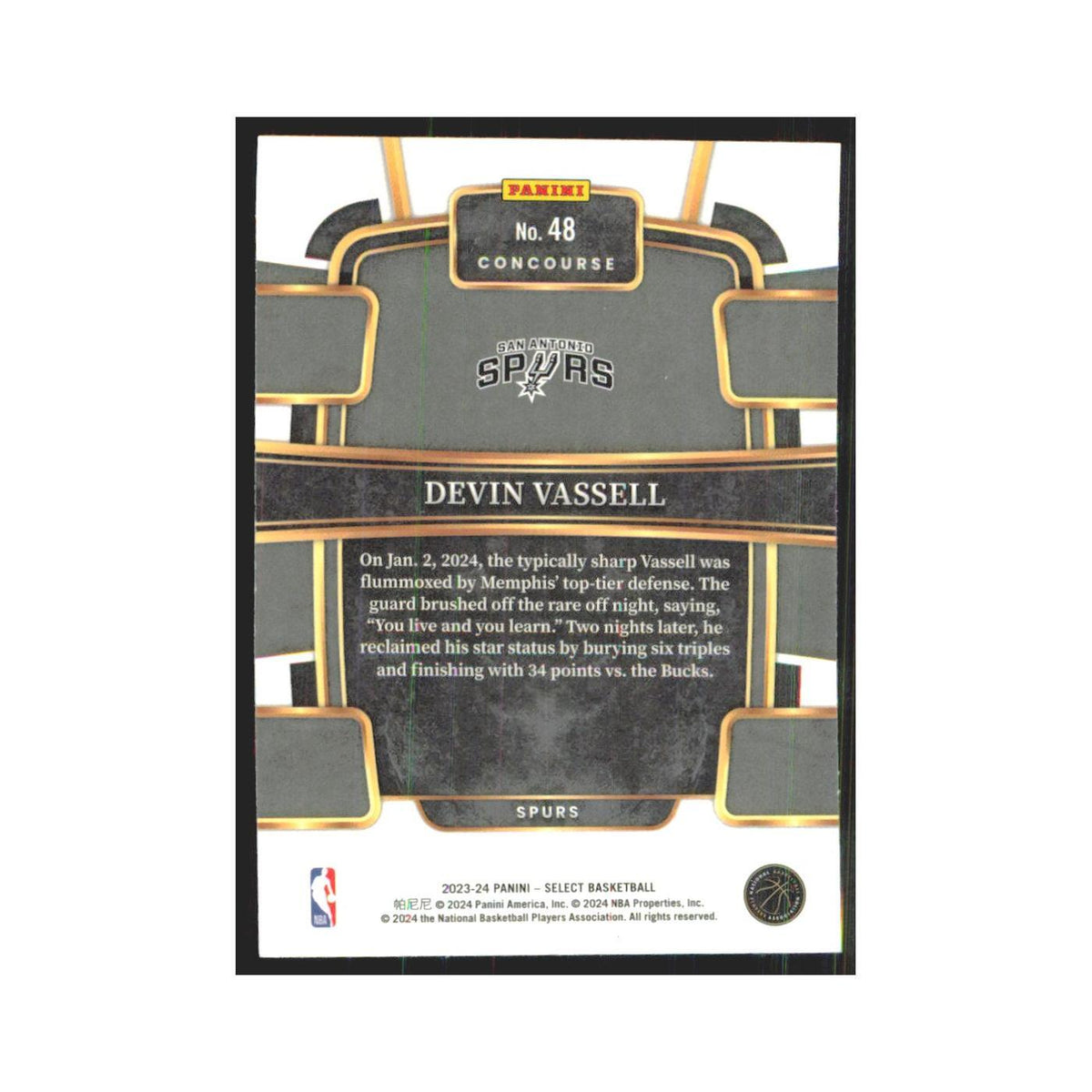 Devin Vassell 2023 Panini Select #48 San Antonio Spurs Basketball Card NM