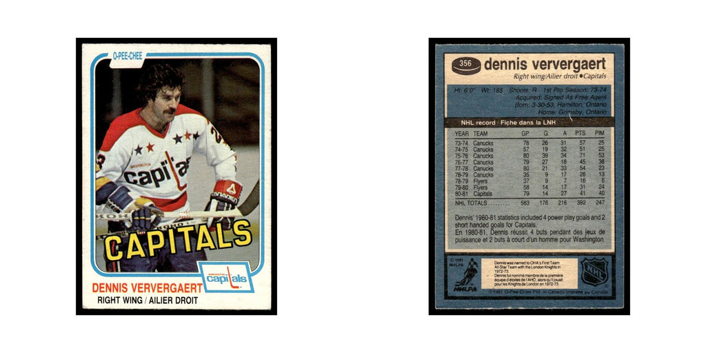 Dennis Ververgaert 1981 O-Pee-Chee #356 Washington Capitals Hockey Card EX