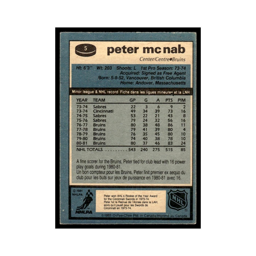 Peter McNab 1981 O-Pee-Chee #5 Boston Bruins Hockey Card EX