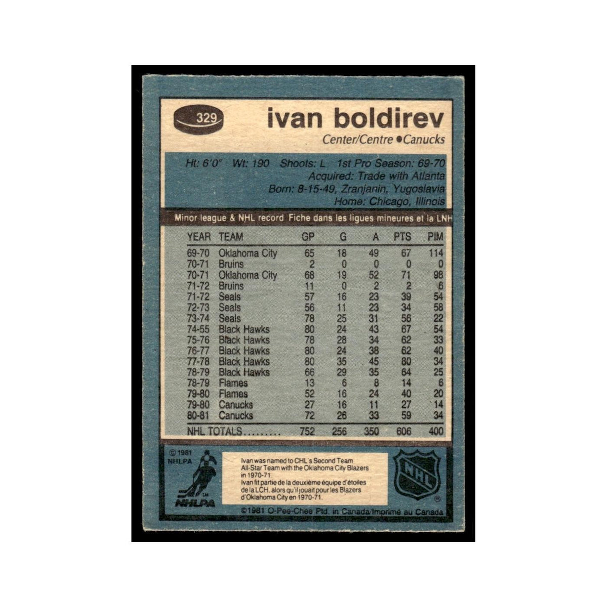 Ivan Boldirev 1981 O-Pee-Chee #329 Vancouver Canucks Hockey Card EX
