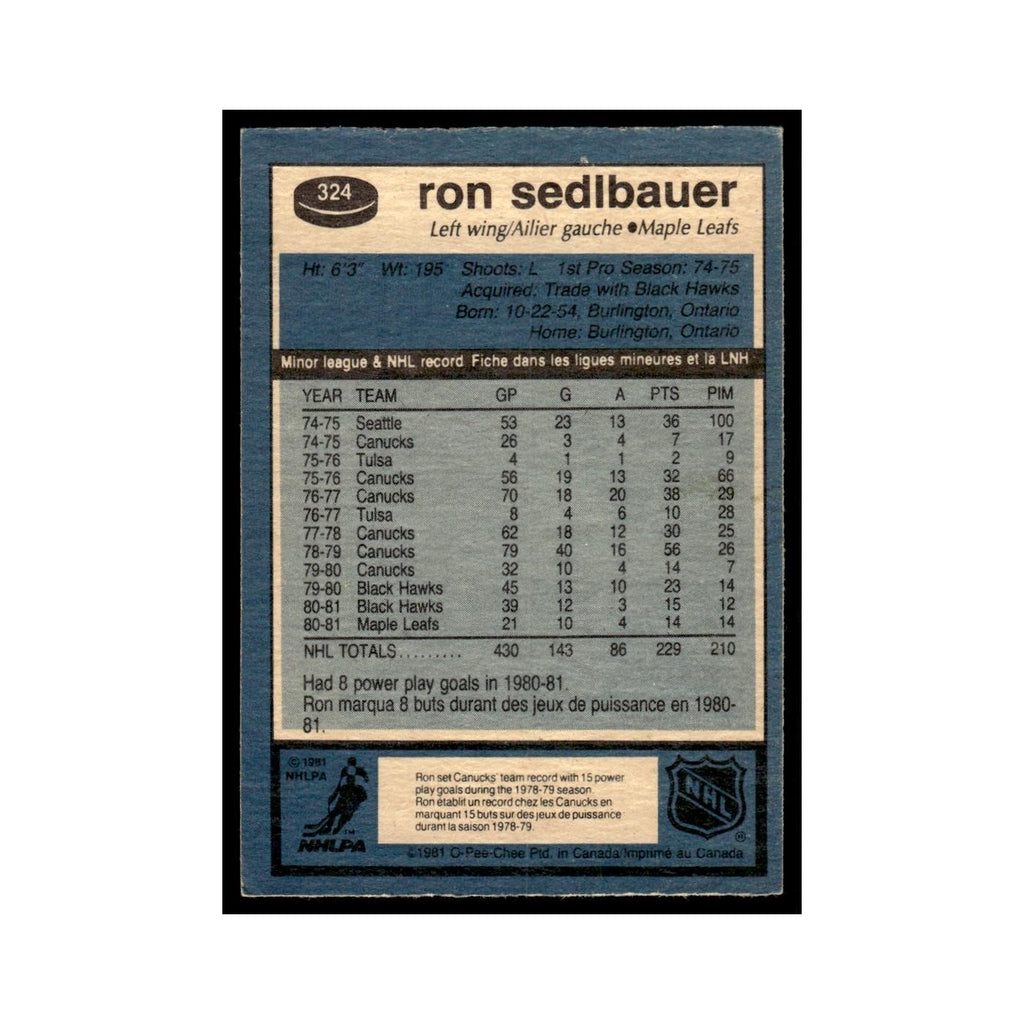 Ron Sedlbauer 1981 O-Pee-Chee #324 Toronto Maple Leafs Hockey Card EX