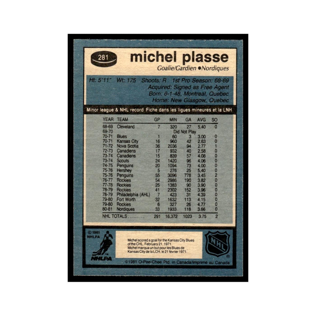 Michel Plasse 1981 O-Pee-Chee #281 Quebec Nordiques Hockey Card EX