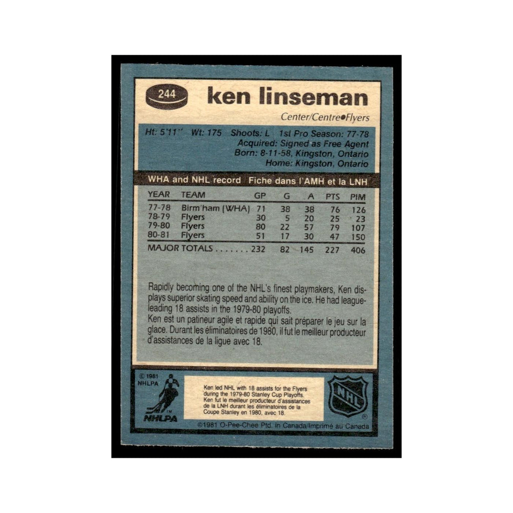 Ken Linseman 1981 O-Pee-Chee #244 Philadelphia Flyers Hockey Card EX