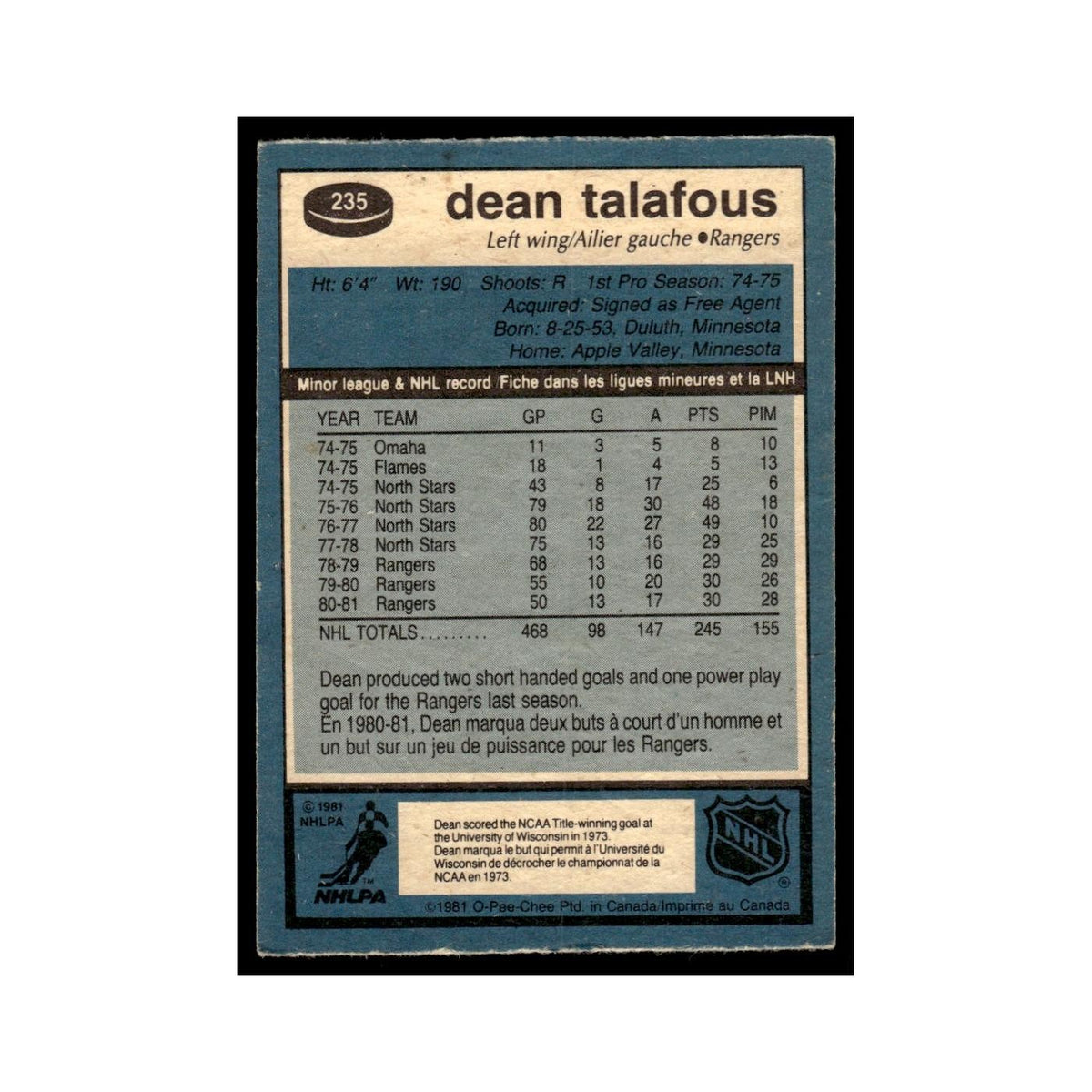 Dean Talafous 1981 O-Pee-Chee #235 New York Rangers Hockey Card EX