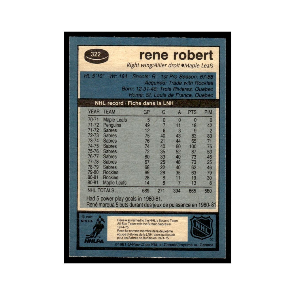 Rene Robert 1981 O-Pee-Chee #322 Toronto Maple Leafs Hockey Card EX