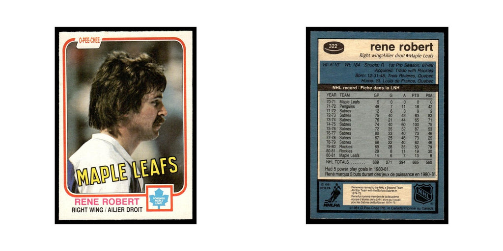 Rene Robert 1981 O-Pee-Chee #322 Toronto Maple Leafs Hockey Card EX