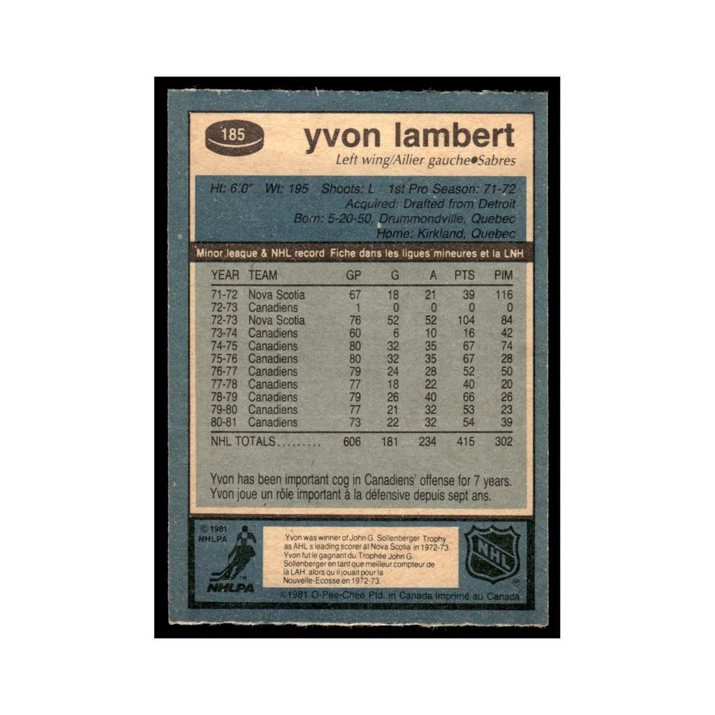 Yvon Lambert 1981 O-Pee-Chee #185 Buffalo Sabres Hockey Card EX