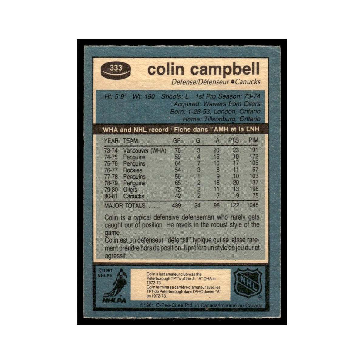 Colin Campbell 1981 O-Pee-Chee #333 Vancouver Canucks Hockey Card EX