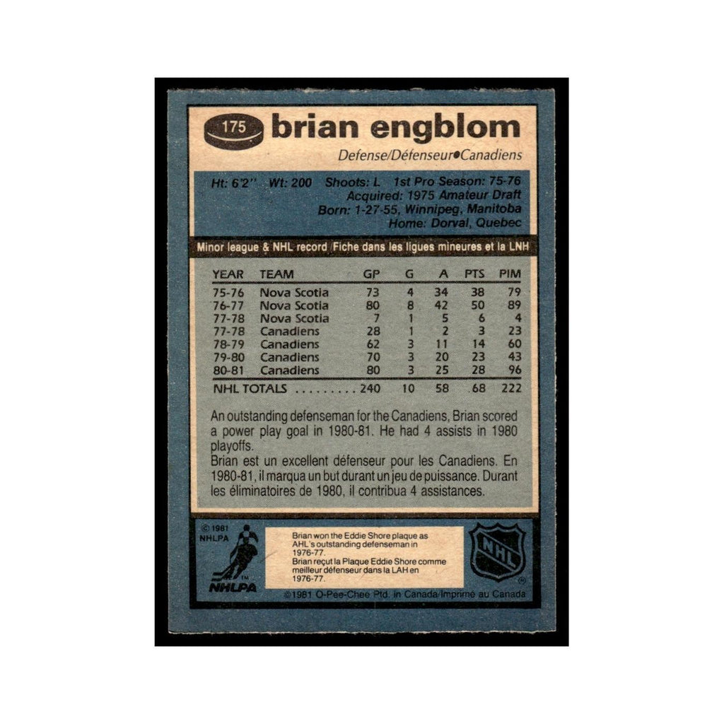 Brian Engblom 1981 O-Pee-Chee #175 Montreal Canadiens Hockey Card EX