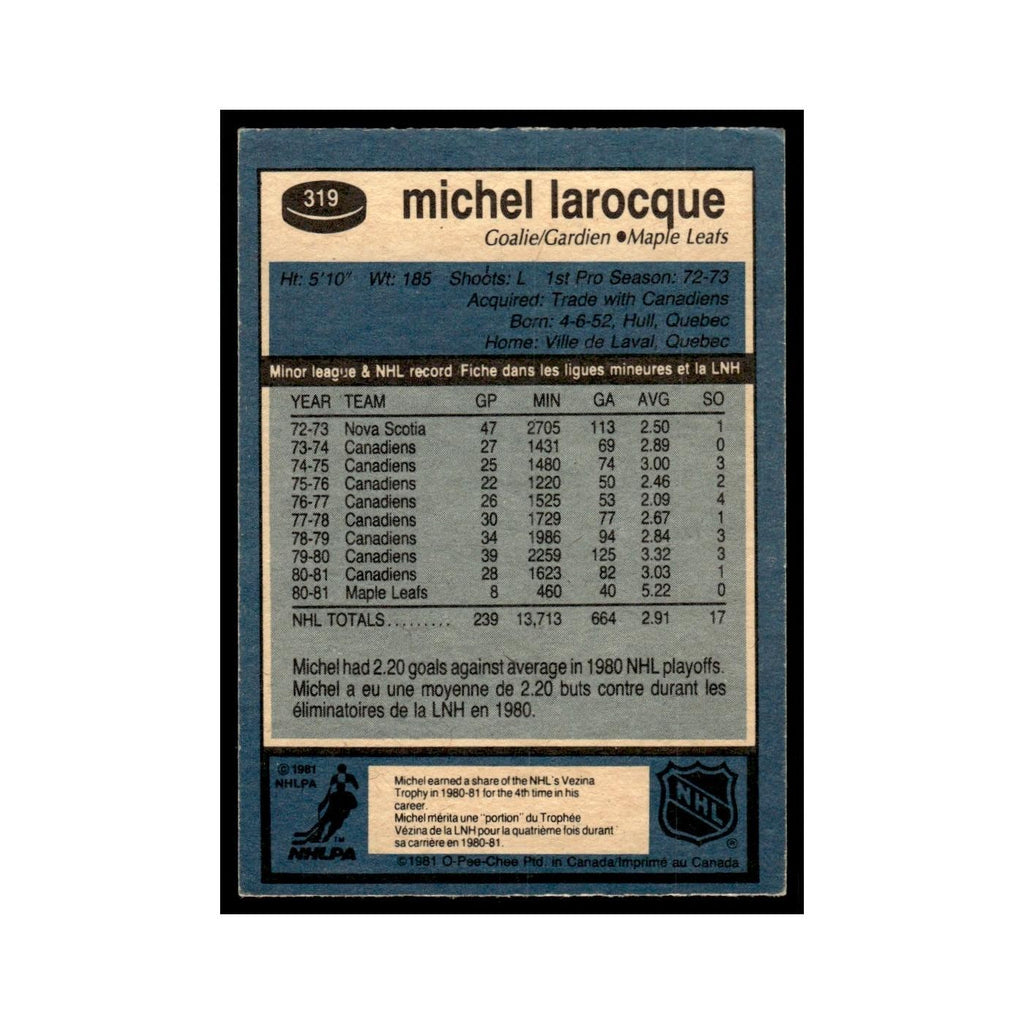 Michel Larocque 1981 O-Pee-Chee #319 Toronto Maple Leafs Hockey Card EX