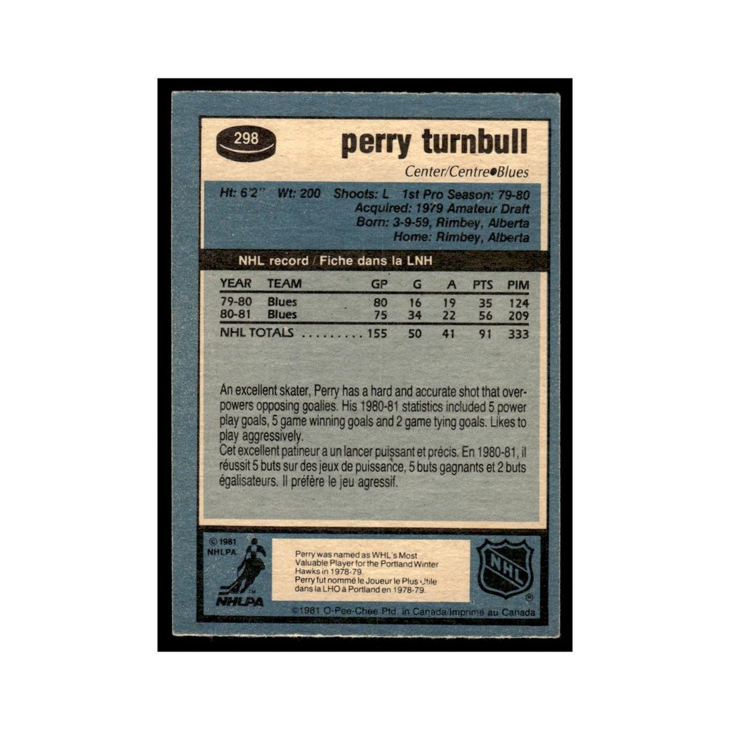 Perry Turnbull 1981 O-Pee-Chee #298 St. Louis Blues Hockey Card EX