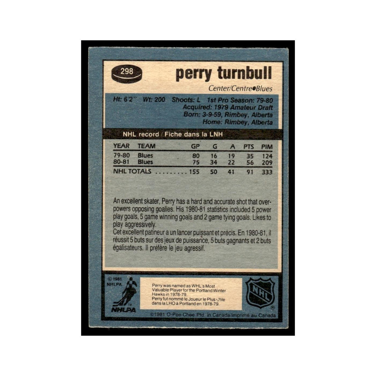 Perry Turnbull 1981 O-Pee-Chee #298 St. Louis Blues Hockey Card EX