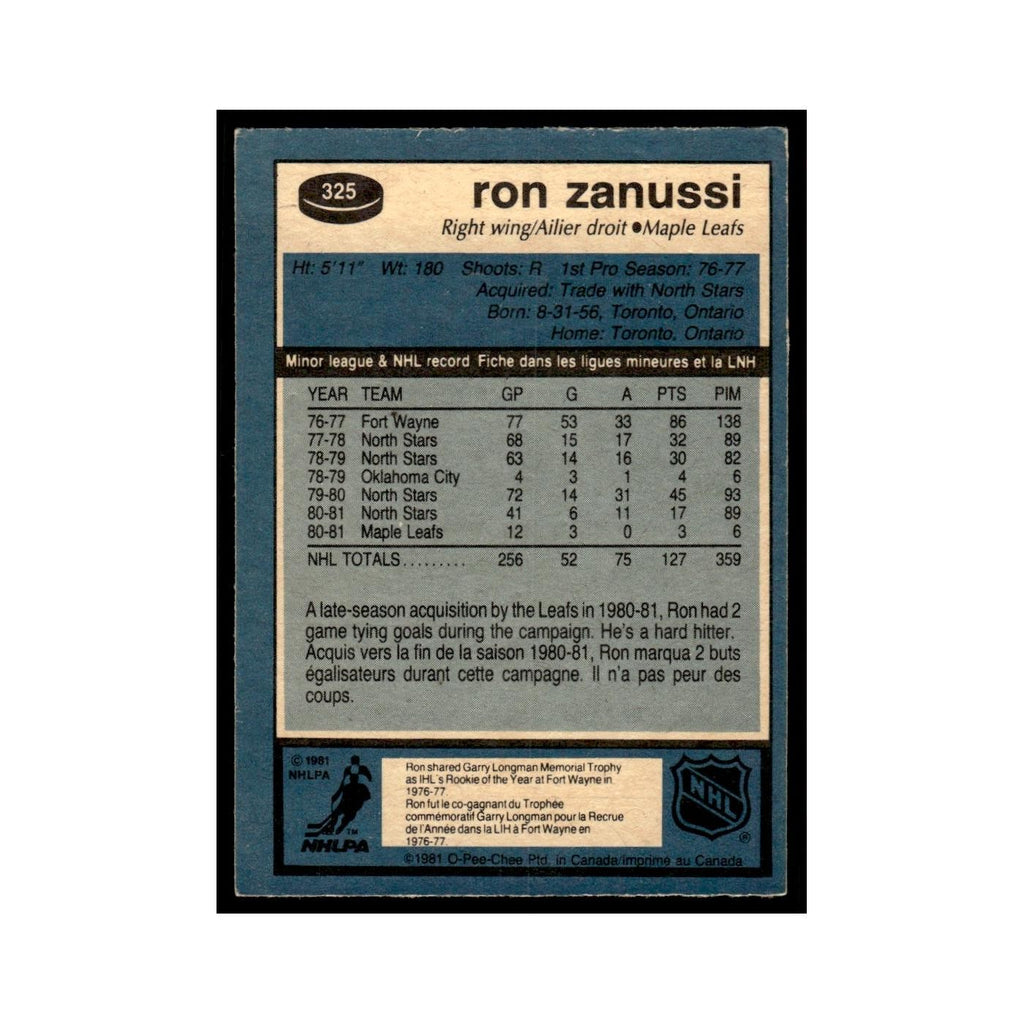 Ron Zanussi 1981 O-Pee-Chee #325 Toronto Maple Leafs Hockey Card EX