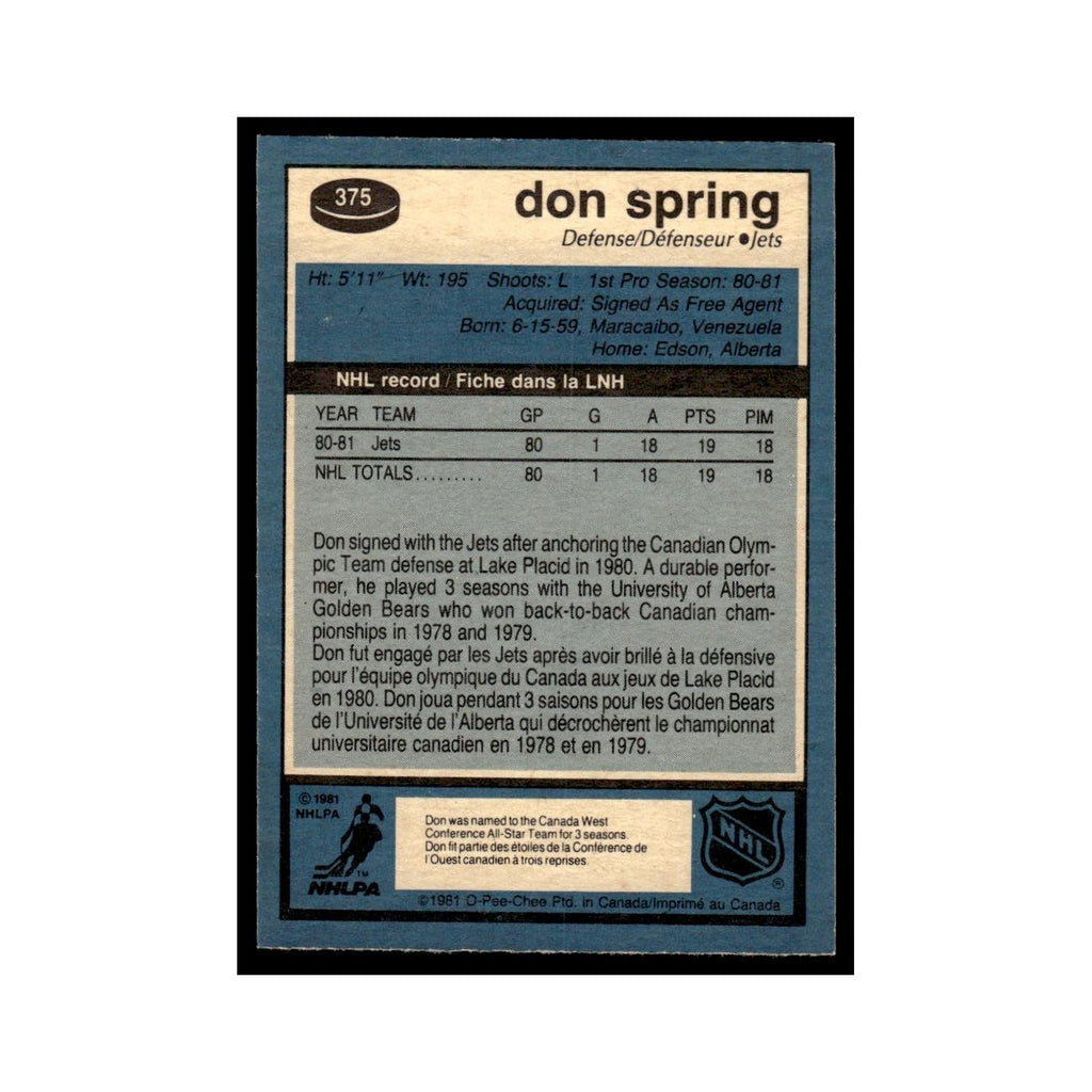 Don Spring Rookie 1981 O-Pee-Chee #375 Winnipeg Jets Hockey Card EX