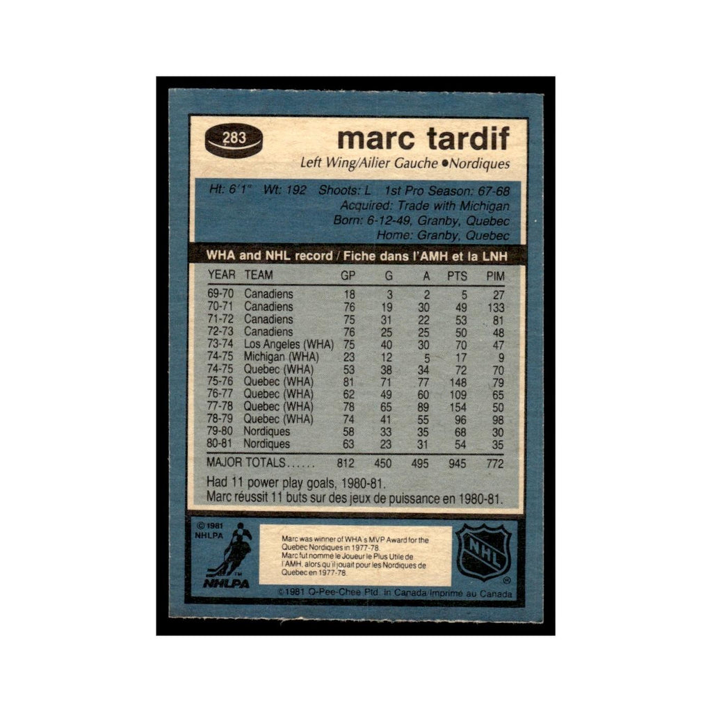 Marc Tardif 1981 O-Pee-Chee #283 Quebec Nordiques Hockey Card EX