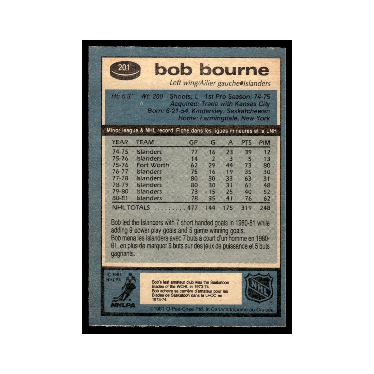 Bob Bourne 1981 O-Pee-Chee #201 New York Islanders Hockey Card EX