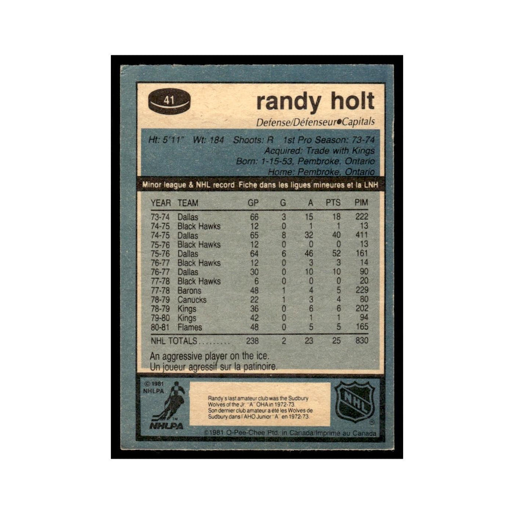 Randy Holt 1981 O-Pee-Chee #41 Washington Capitals Hockey Card EX