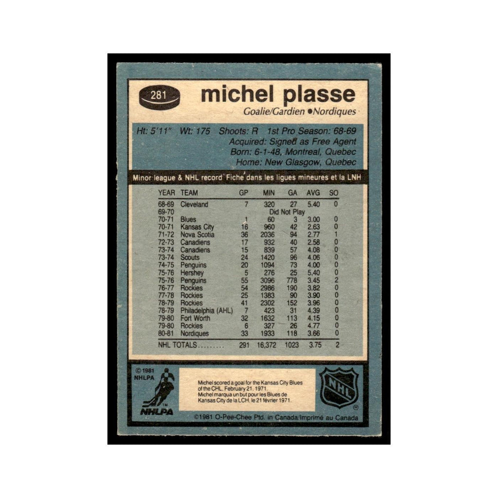Michel Plasse 1981 O-Pee-Chee #281 Quebec Nordiques Hockey Card EX