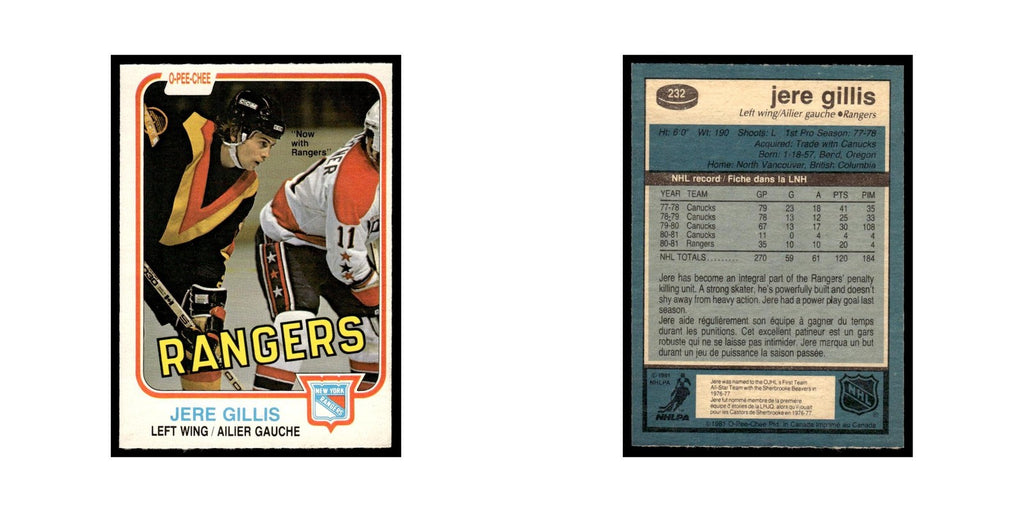 Jere Gillis 1981 O-Pee-Chee #232 New York Rangers Hockey Card EX