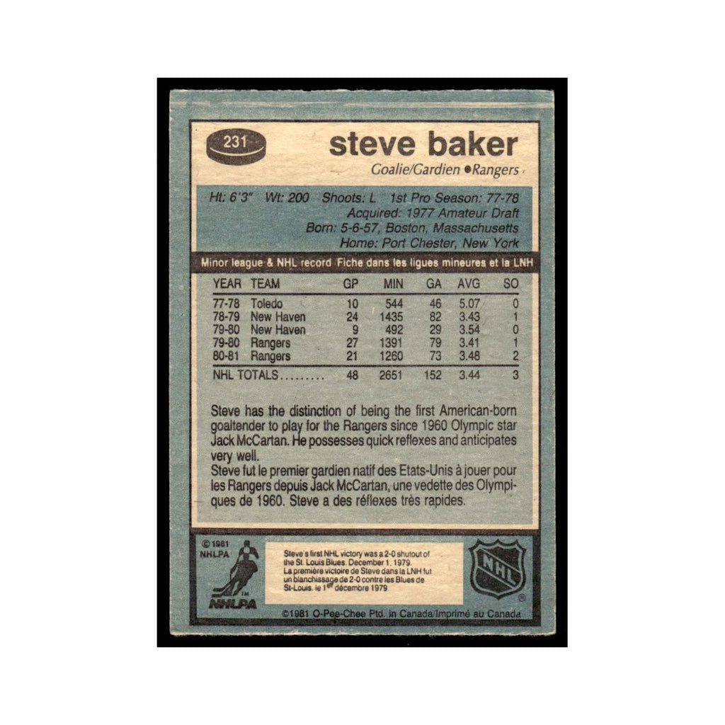 Steve Baker 1981 O-Pee-Chee #231 New York Rangers Hockey Card EX