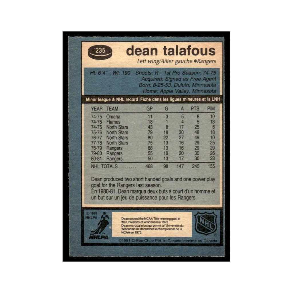 Dean Talafous 1981 O-Pee-Chee #235 New York Rangers Hockey Card EX