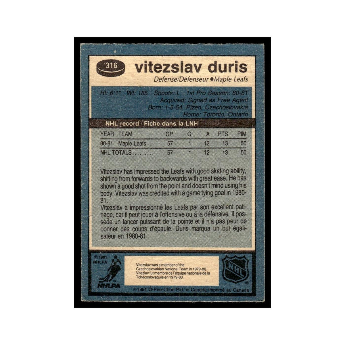 Vitezslav Duris Rookie 1981 O-Pee-Chee #316 Toronto Maple Leafs Hockey Card EX