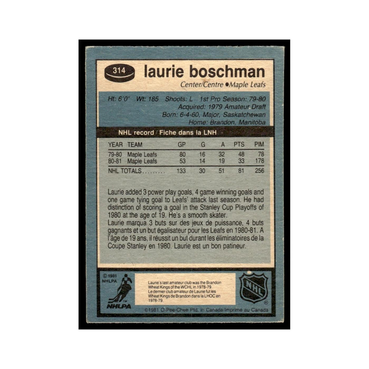 Laurie Boschman 1981 O-Pee-Chee #314 Toronto Maple Leafs Hockey Card EX