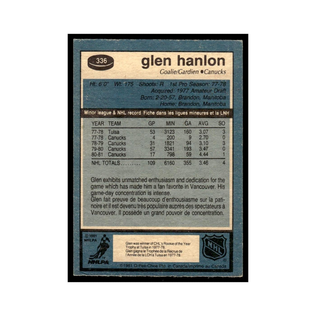Glen Hanlon 1981 O-Pee-Chee #336 Vancouver Canucks Hockey Card EX