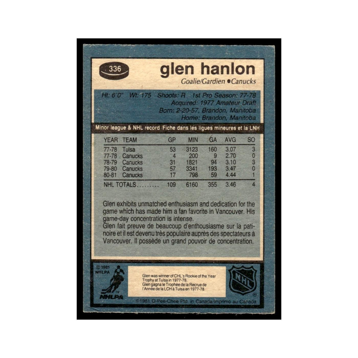 Glen Hanlon 1981 O-Pee-Chee #336 Vancouver Canucks Hockey Card EX