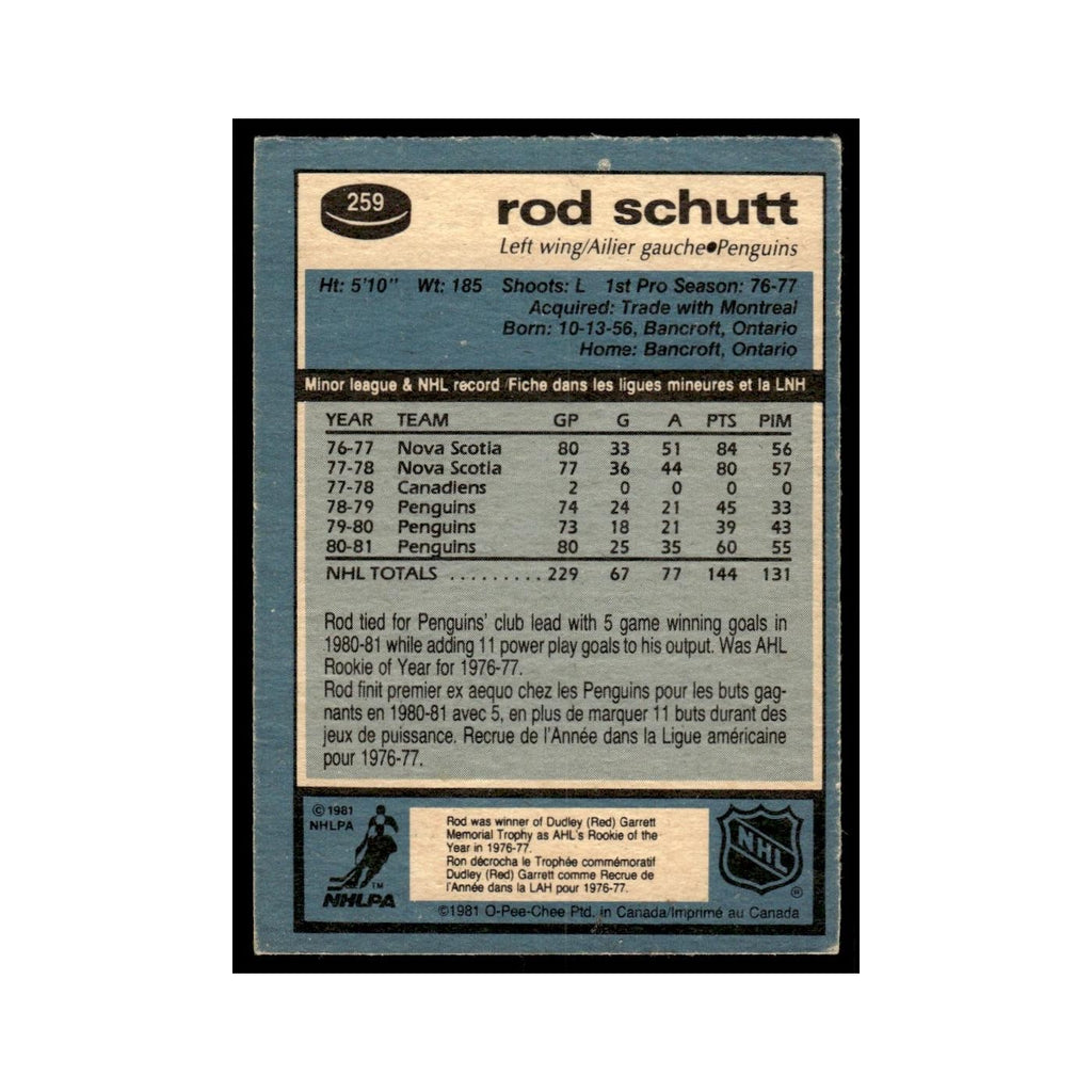Rod Schutt 1981 O-Pee-Chee #259 Pittsburgh Penguins Hockey Card EX