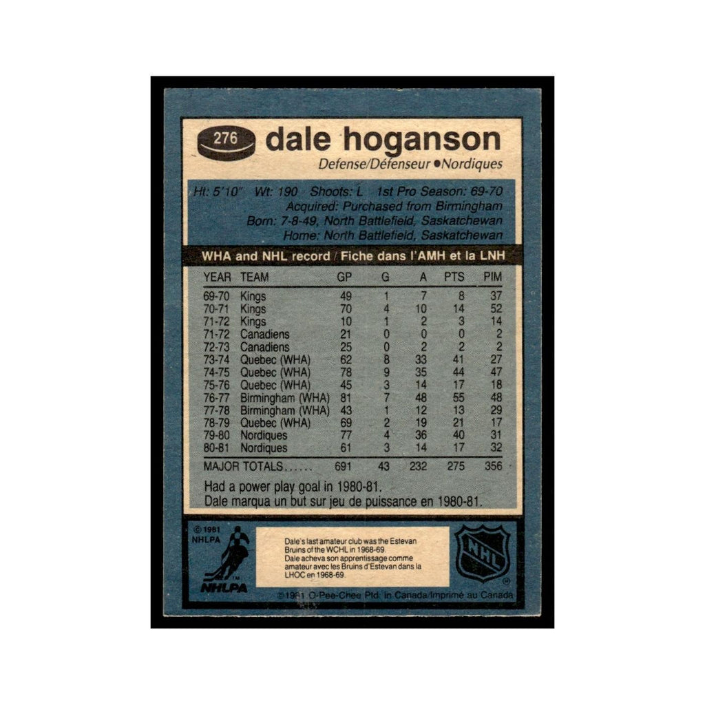 Dale Hoganson 1981 O-Pee-Chee #276 Quebec Nordiques Hockey Card EX