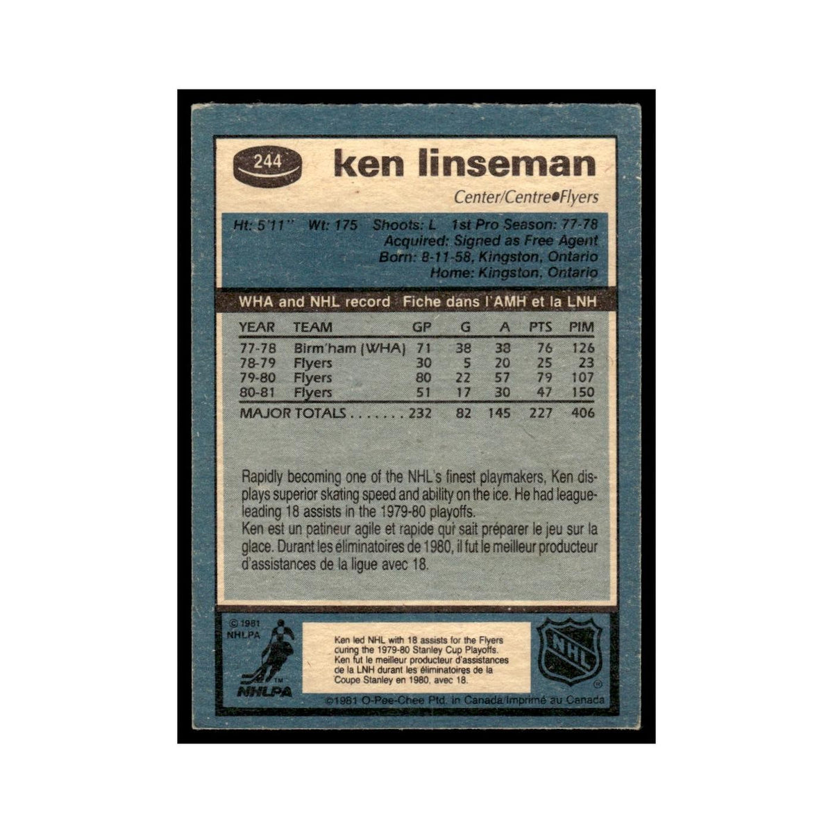 Ken Linseman 1981 O-Pee-Chee #244 Philadelphia Flyers Hockey Card EX