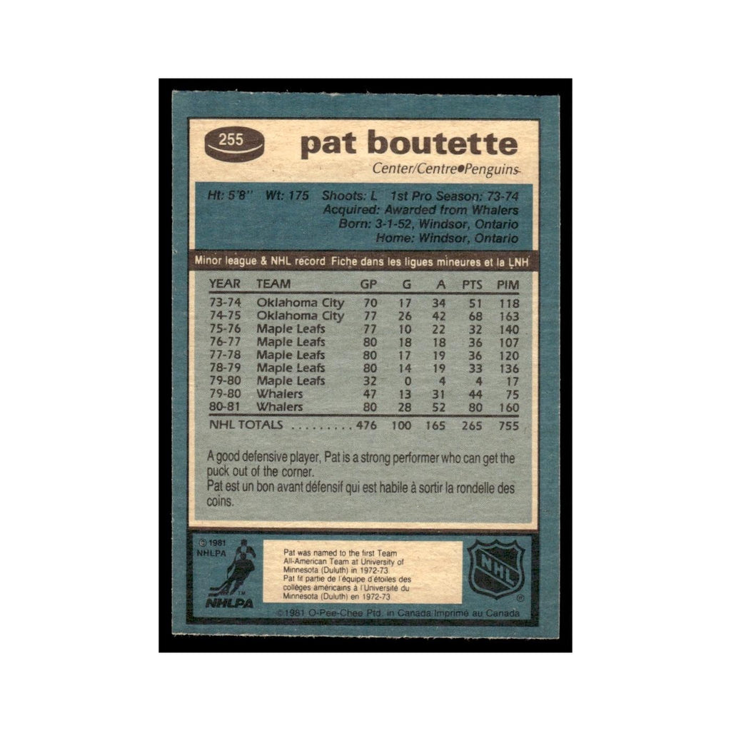 Pat Boutette 1981 O-Pee-Chee #255 Pittsburgh Penguins Hockey Card EX
