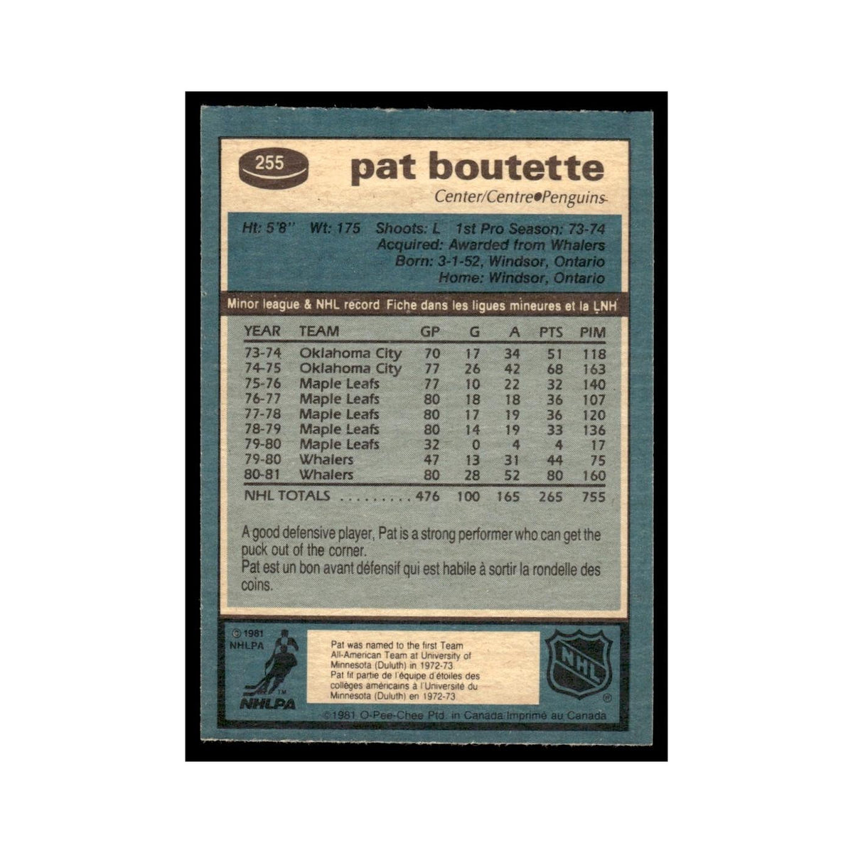 Pat Boutette 1981 O-Pee-Chee #255 Pittsburgh Penguins Hockey Card EX