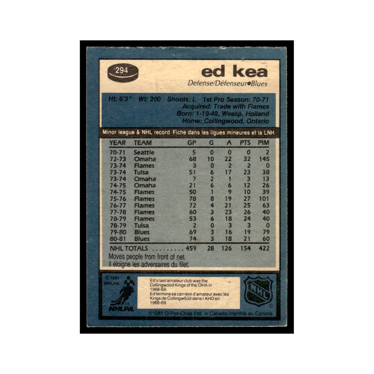 Ed Kea 1981 O-Pee-Chee #294 St. Louis Blues Hockey Card EX